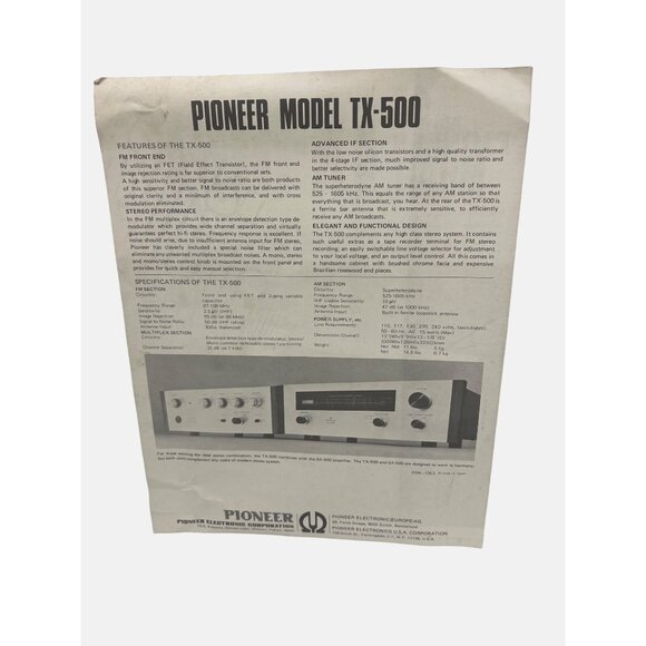 Vintage Pioneer Model TX-500 & TX-900 Hi-Fi Tuner Spec Sheets / Brochures 1970s - Picture 6 of 6